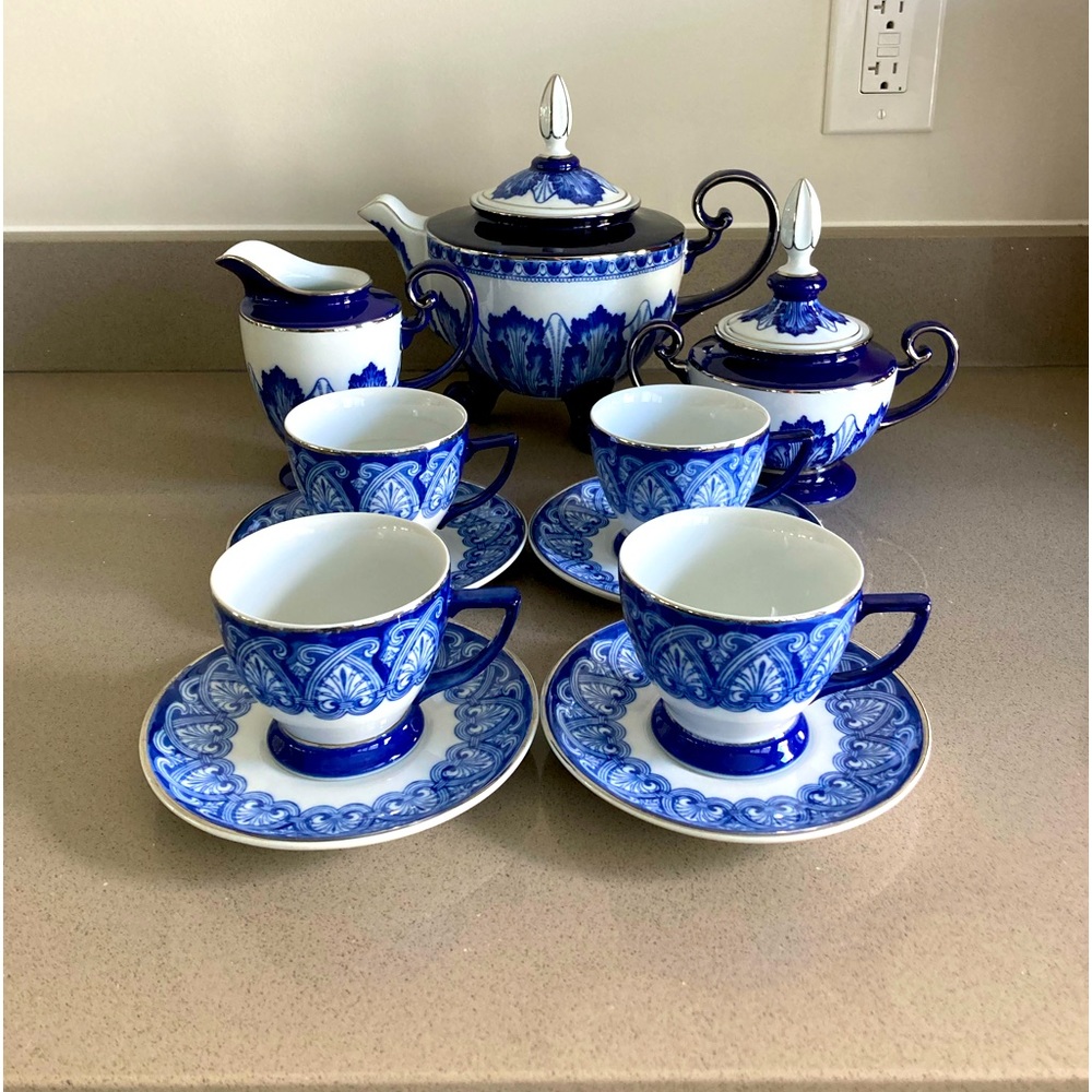 Bombay Company Blue and white with silver trim antique tea set